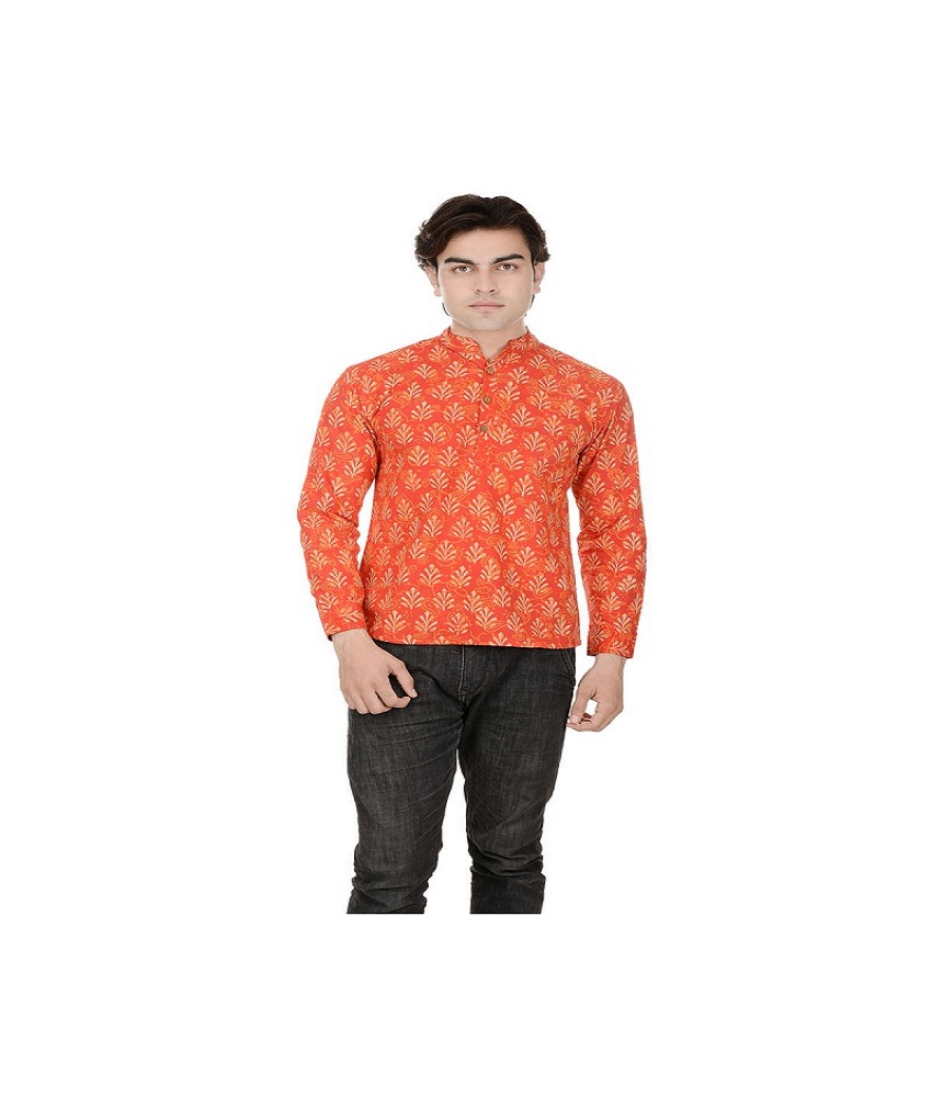 Straight Style Printed Short Orange Kurta