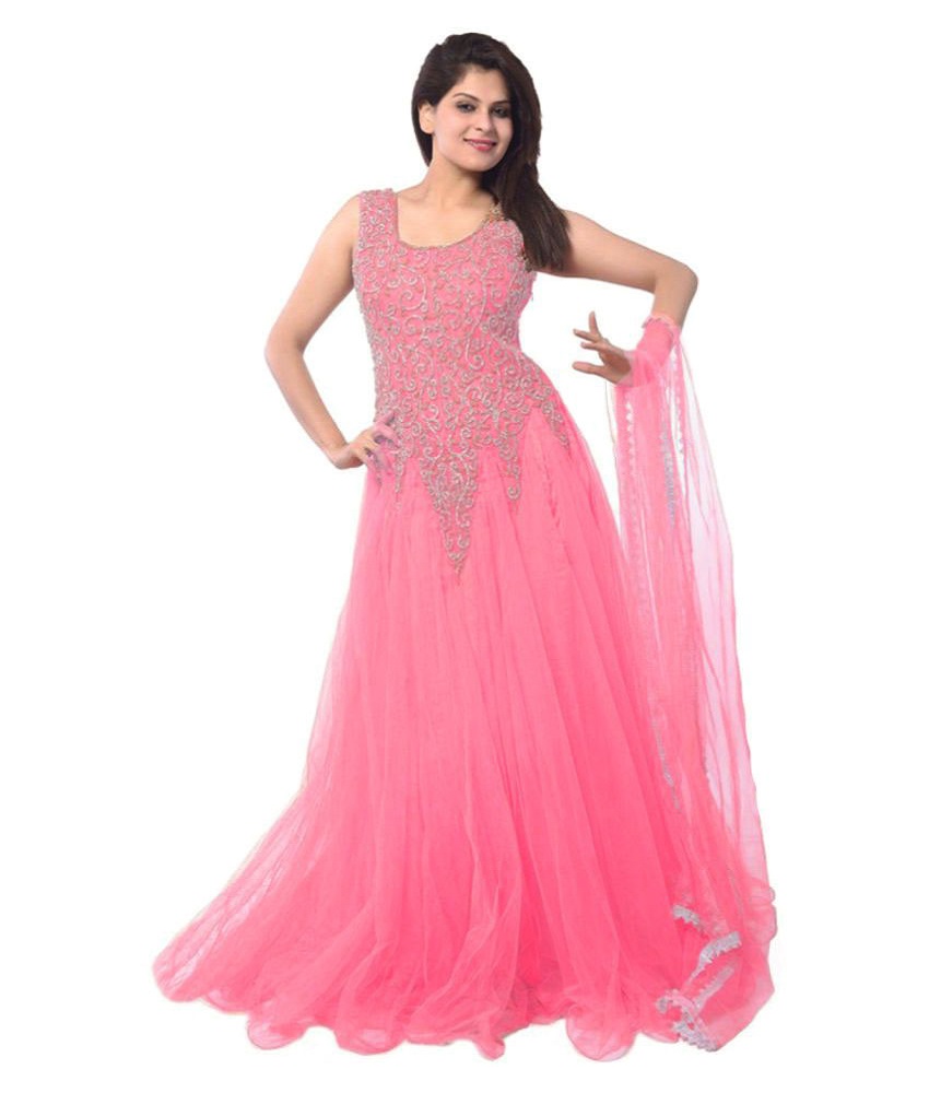 Kuldevi Creation Pink Net Anarkali Gown Semi-Stitched Suit